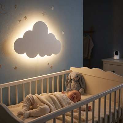 bébé dort avec la veilleuse murale allumée