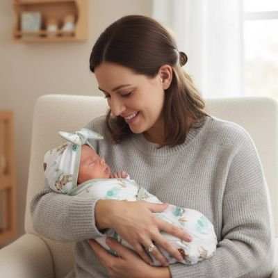 enfant dans les bras de sa maman avec sa couverture d'emmaillotage