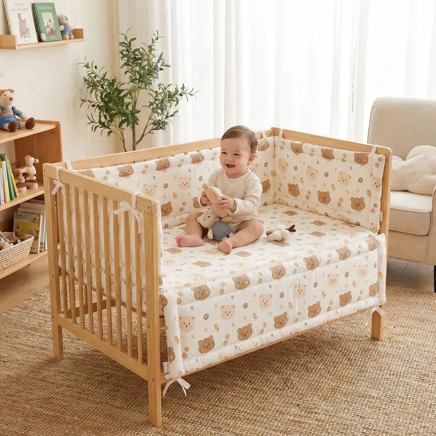 petit garcon jouant dans son lit entourer de tour de lit ourson
