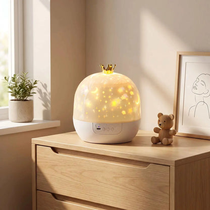 Projecteur enfant en plastique blanc arrondi, surmonté d’une couronne dorée, avec étoiles lumineuses jaunes.