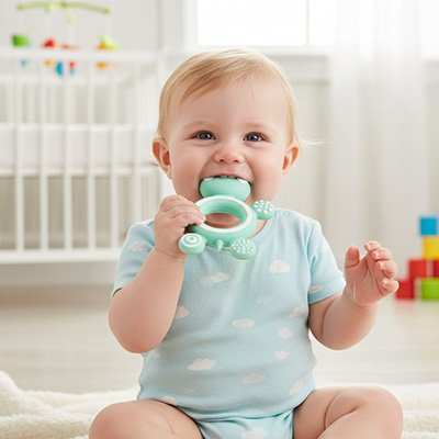 Anneau de dentition dans la bouche de bébé bleu
