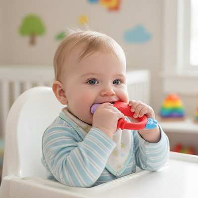 Anneau de dentition dans la bouche de bébé 