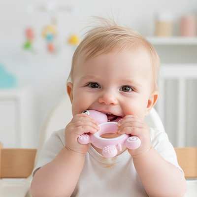 Anneau de dentition dans les main de bébé rose