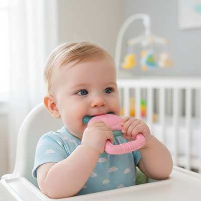 Anneau de dentition das les mains de bébé rose