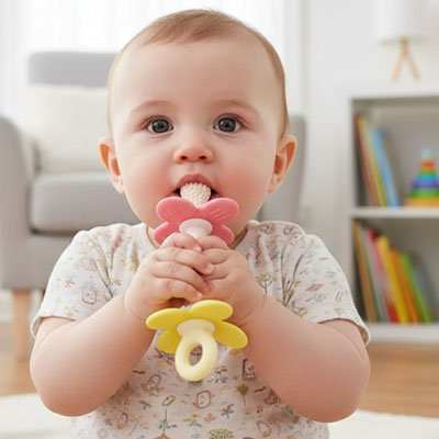 Anneau de dentition rose dans la bouche de bébé
