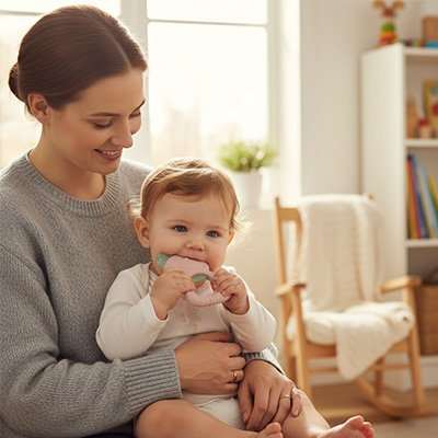 Anneau de dentition  rose dans les mains de bébé