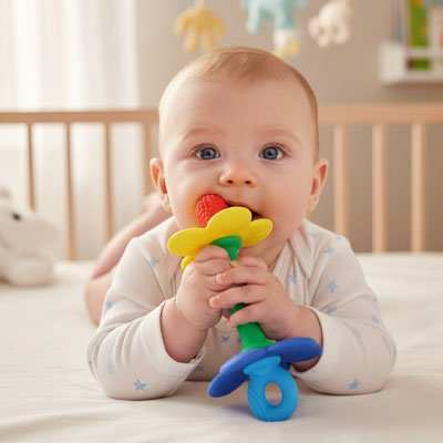 Anneau de dentition vert dans la bouche de bébé