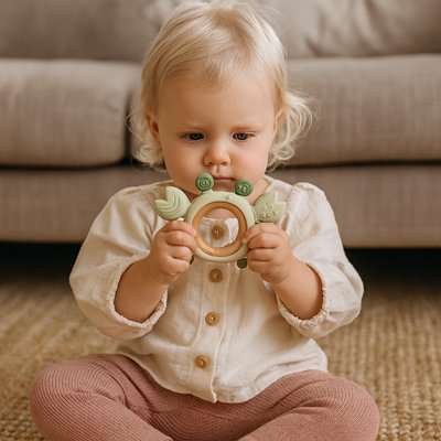 Anneau de dentition vert dans les mains de bébé 