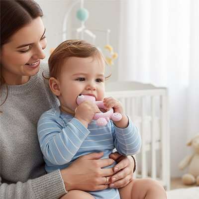 Anneau de dentitiondans les mains de bebe dans les bras de maman 