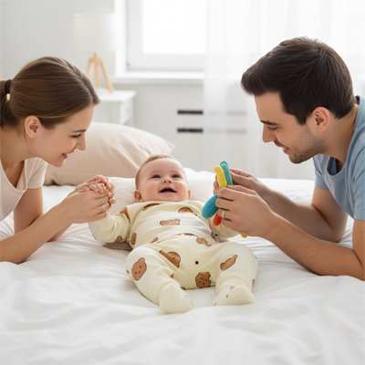 bébé allonger entre papa et maman portant son pyjama bebe