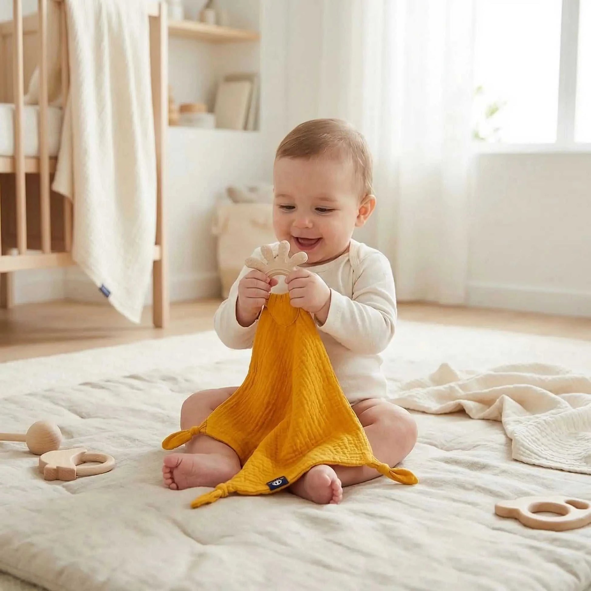 bébé assis avec son doudou bébé moutarde dans les main