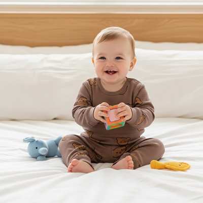 bébé assis et porte un pyjama bebe