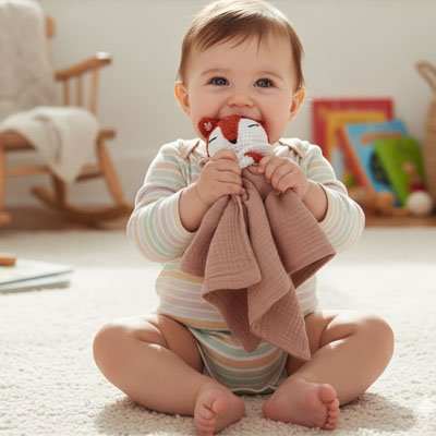 bebe avec son doudou renard 