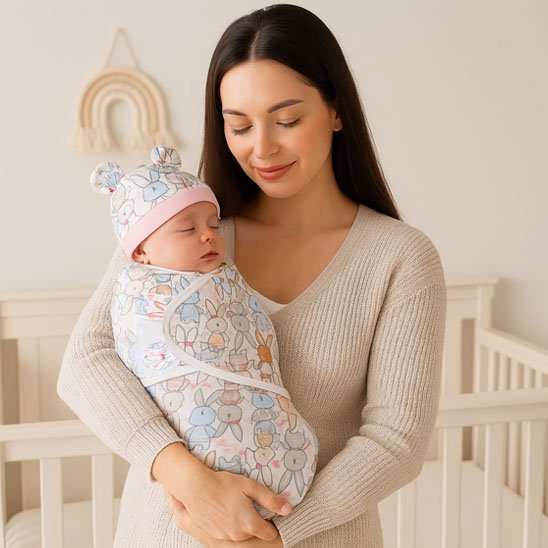 bébé dans les bras de maman dans sa couverture emmaillotage lapin