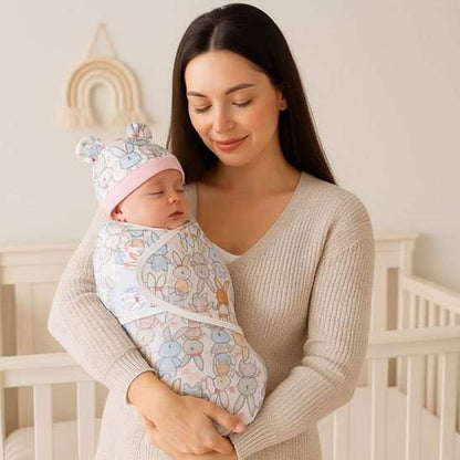 bébé dans les bras de maman dans sa couverture emmaillotage lapin