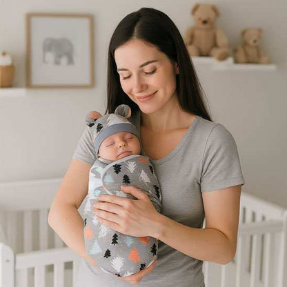 bébé dans les bras de maman dans sa couverture emmaillotage sapin