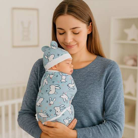 bébé dans les bras de maman dans sa couverture emmaillotage bleu