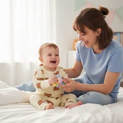 bébé dans les bras de sa maman avec son pyjama bebe