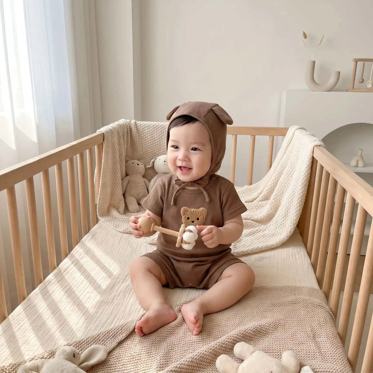 bébé dans son lit avec son pyjama bébé garcon marron
