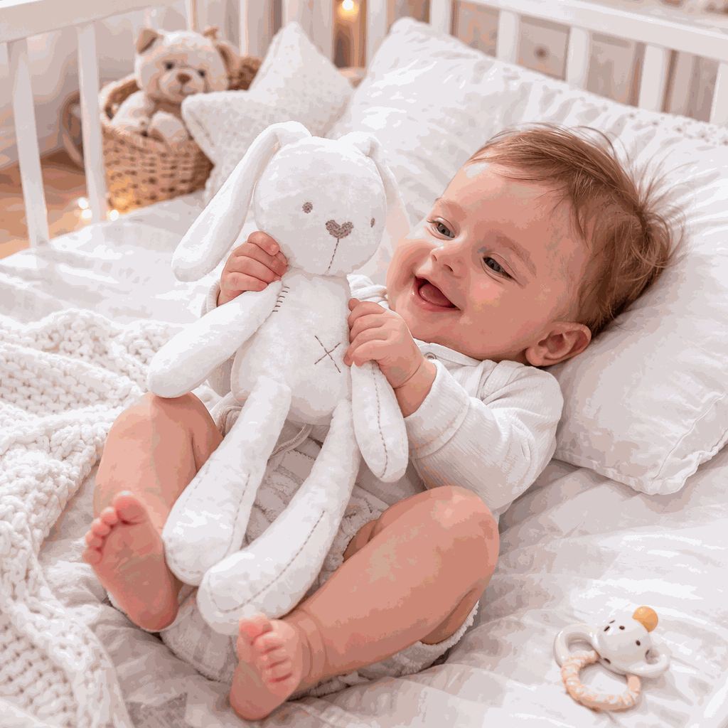 bébé dans son lit jouant avec son lapin doudou blanc