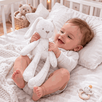 bébé dans son lit jouant avec son lapin doudou blanc