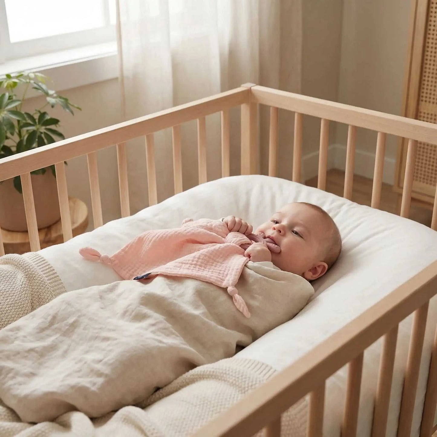 bébé dans son lit prêt pour le dodo avec son doudou bébé rose