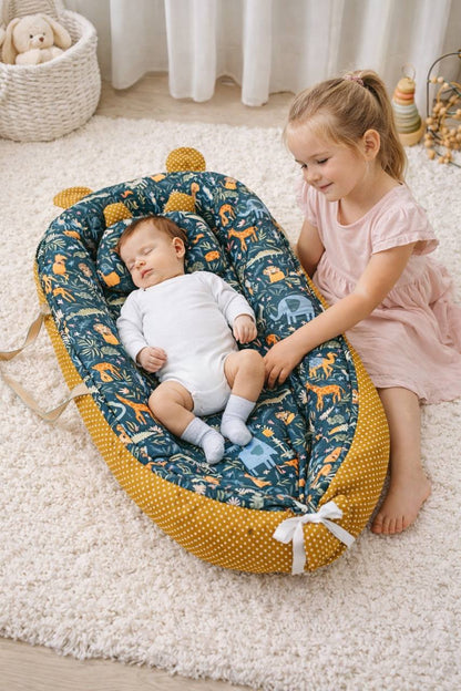 bébé dans son réducteur de lit bébé a coter de sa sœur