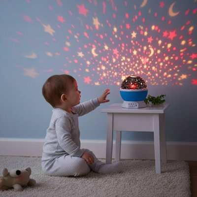 bebe devant son projecteur enfant avec des formes etoiles et lune 
