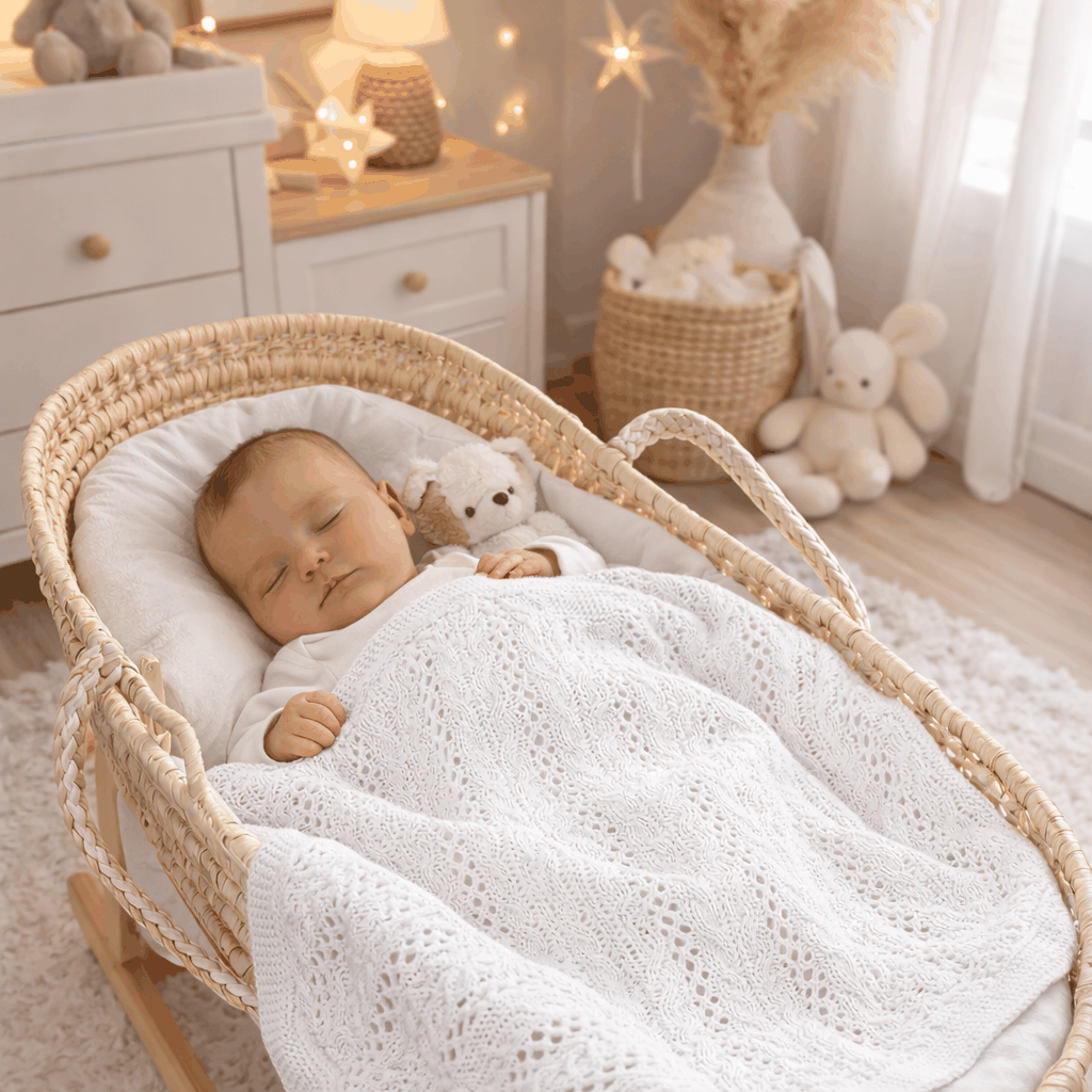 bébé dort avec sa couverture bebe tricot blanche