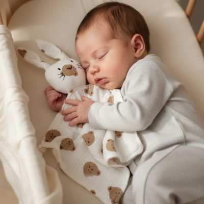 bebe dort avec son doudou lapin 