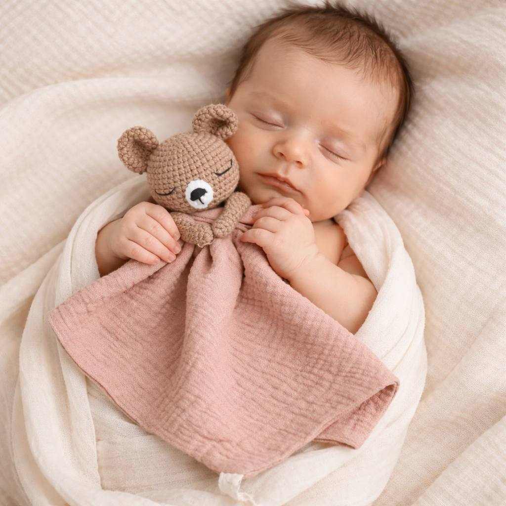 bébé dort avec son doudou rose