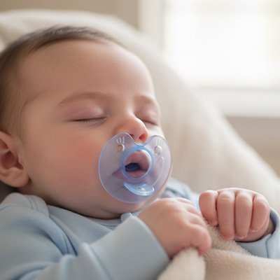  bebe dort avec tétine bébé bleu