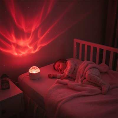 bebe dort avec une couleur rouge projeter par sa veilleuse projection 