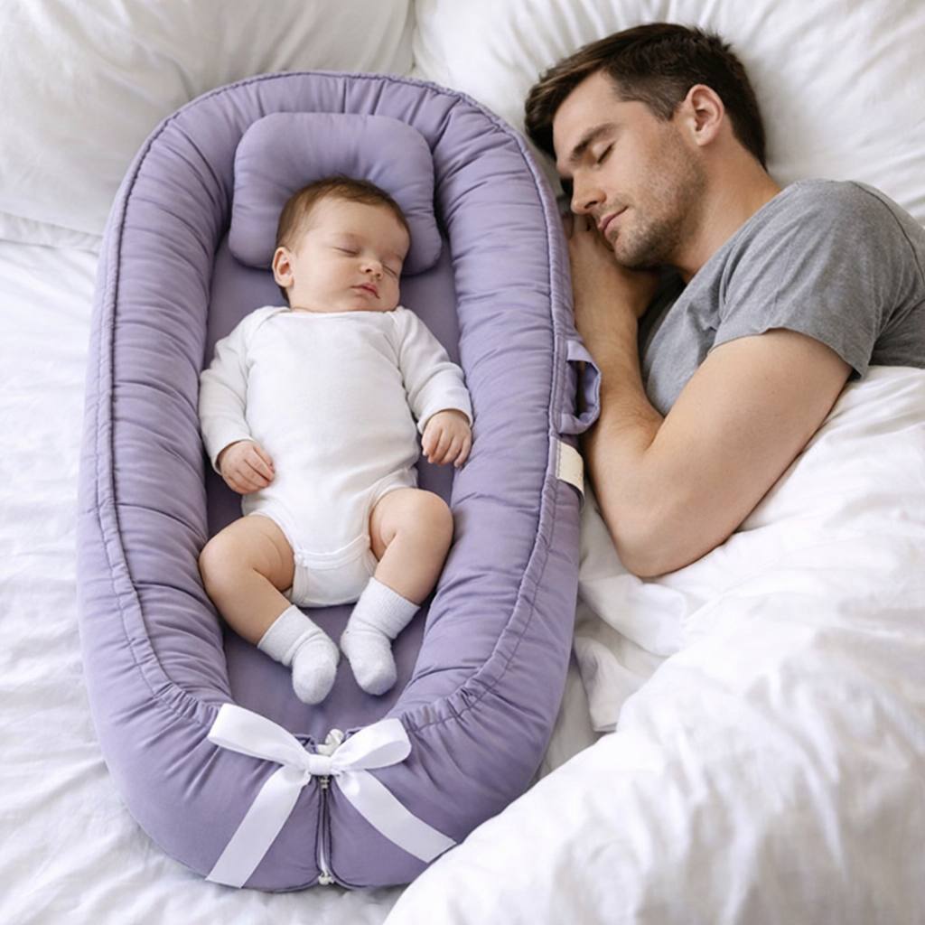 bebe dort dans son bebe reducteur de lit a coter de son papa