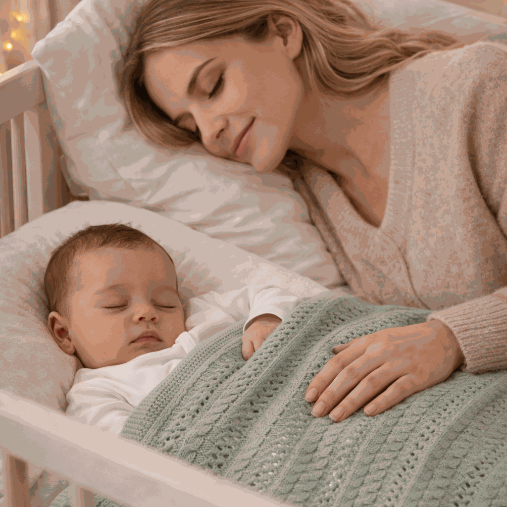 bébé dort dans son lit avec sa couverture bebe tricot verte a coter de sa maman