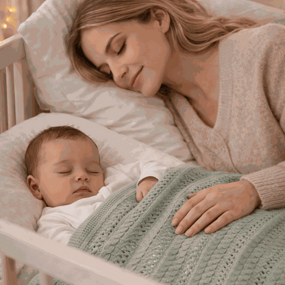 bébé dort dans son lit avec sa couverture bebe tricot verte a coter de sa maman