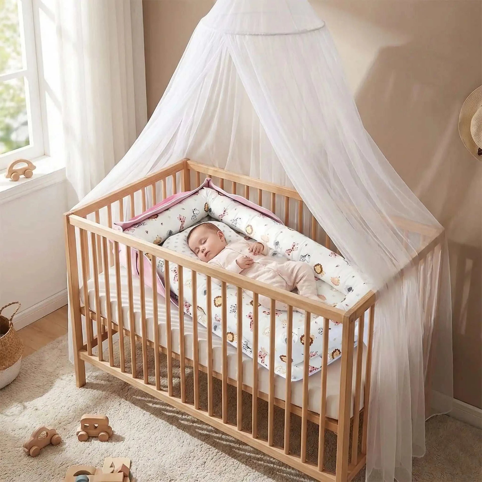bébé dort dans son lit dans son bebe cocon rose