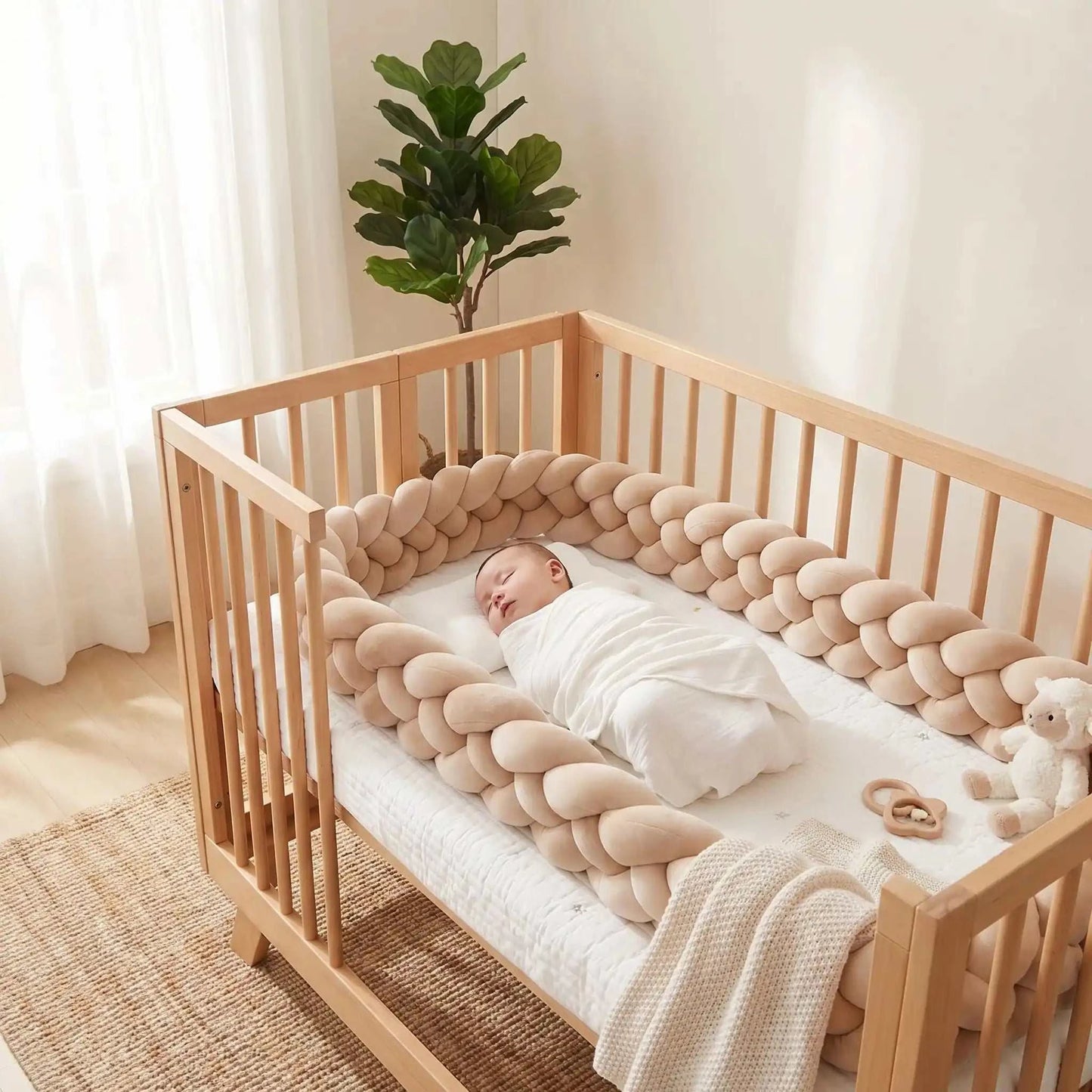 bébé dort dans son lit entourer de tresse de lit bébé beige