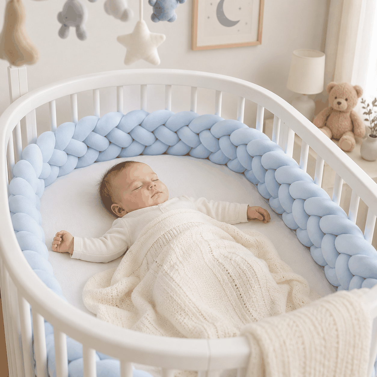 bébé dort dans son lit entourer de tresse tour de lit bleu 4brins
