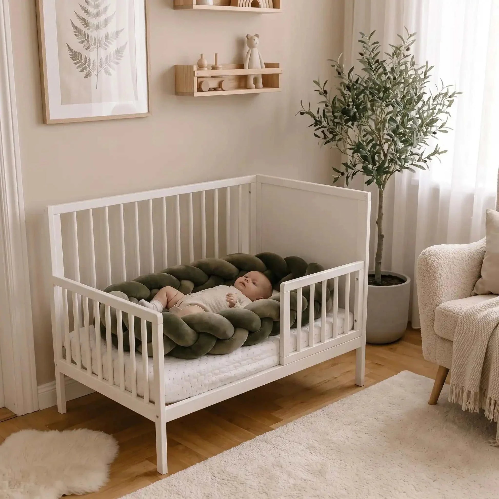 Bébé endormi entouré d'une tresse de lit douce et sécurisante en velours marron