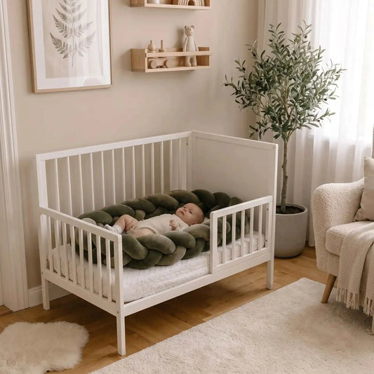 Bébé dormant entouré d'une tresse de lit marron douce et sécurisante en velours