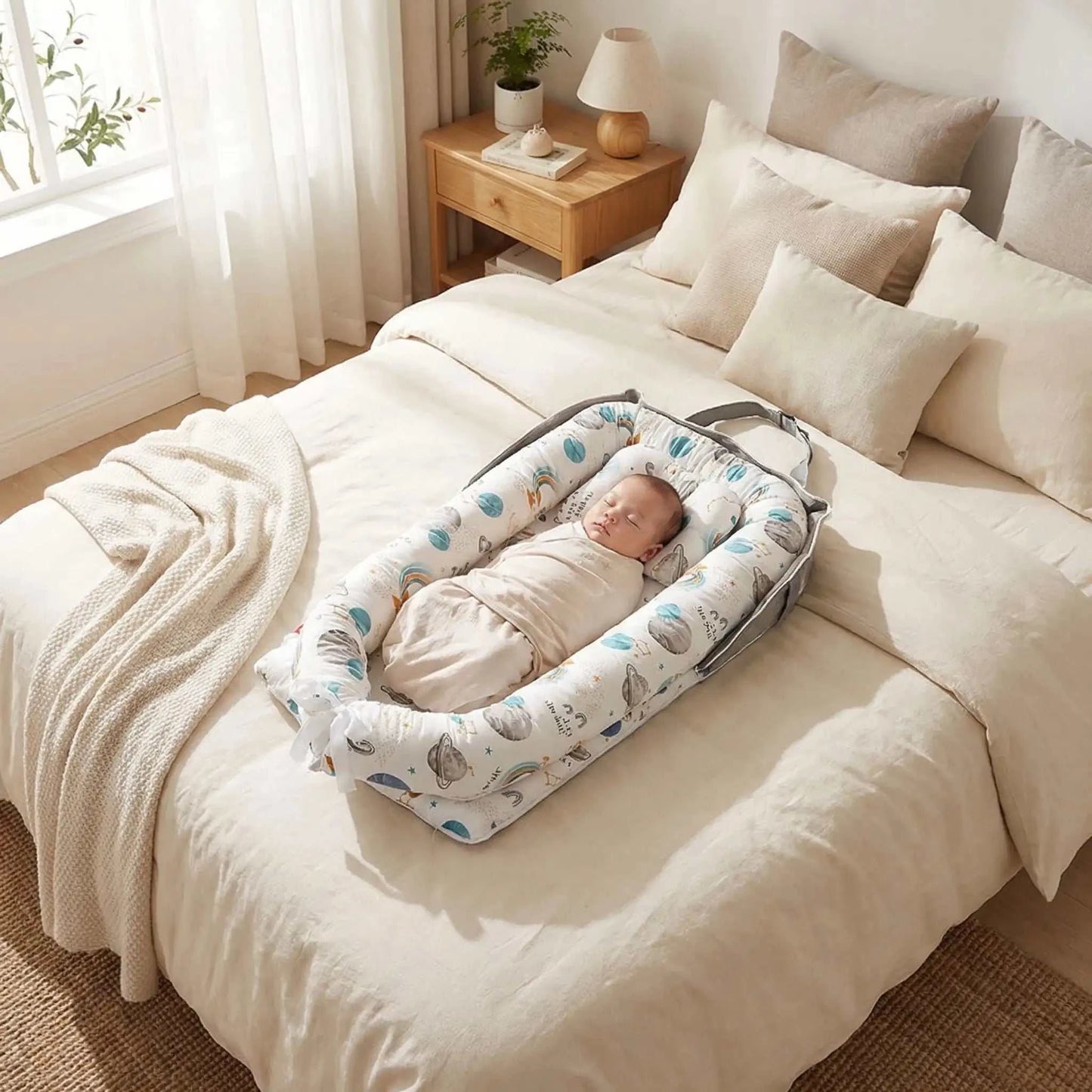 bébé dort paisiblement dans le lit parental dans son bebe cocon