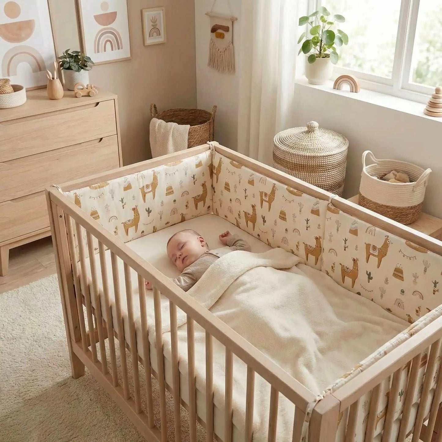 bébé dort paisiblement dans son lit entourer de tour de lit bébé
