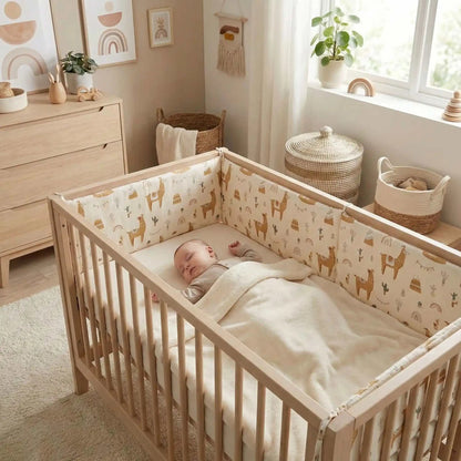 bébé dort paisiblement dans son lit entourer de tour de lit bébé