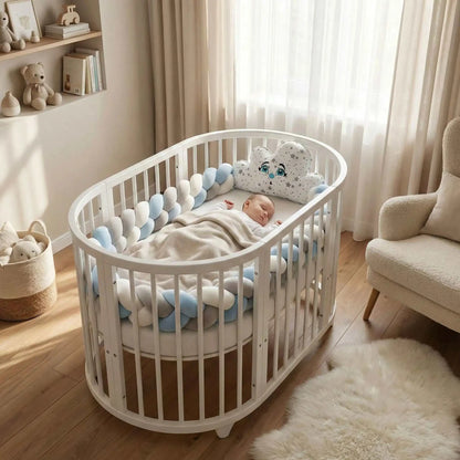 bébé dort paisiblement dans son lit entourer de tour de lit tresse