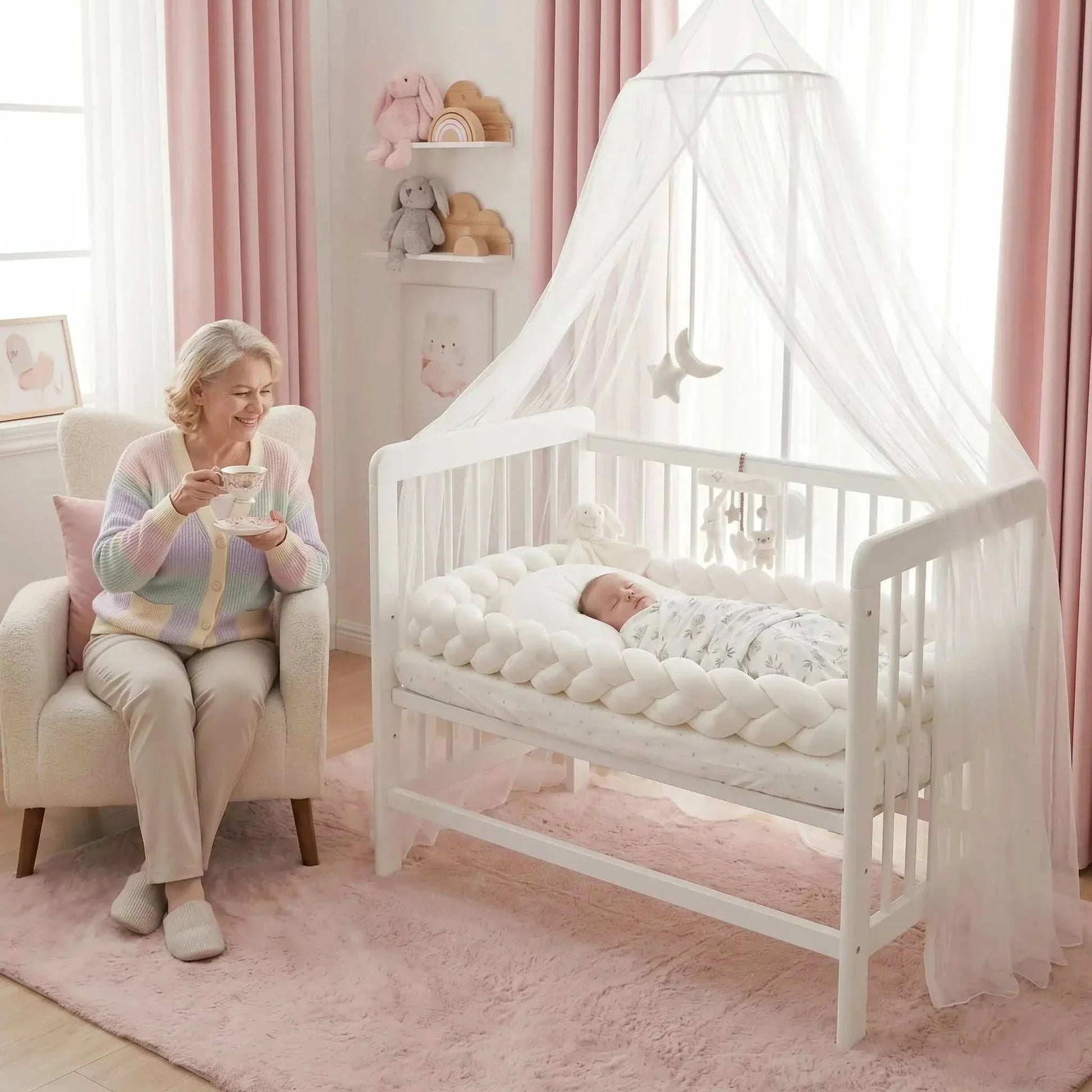 Bébé dormant paisiblement entouré d'une tresse de lit blanche douce et sécurisée avec sa mamie à côté