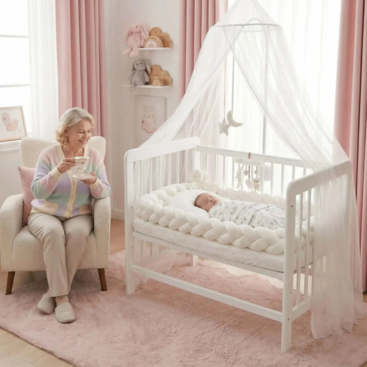 Bébé dormant paisiblement entouré d'une tresse de lit blanche douce et sécurisée avec sa mamie à côté