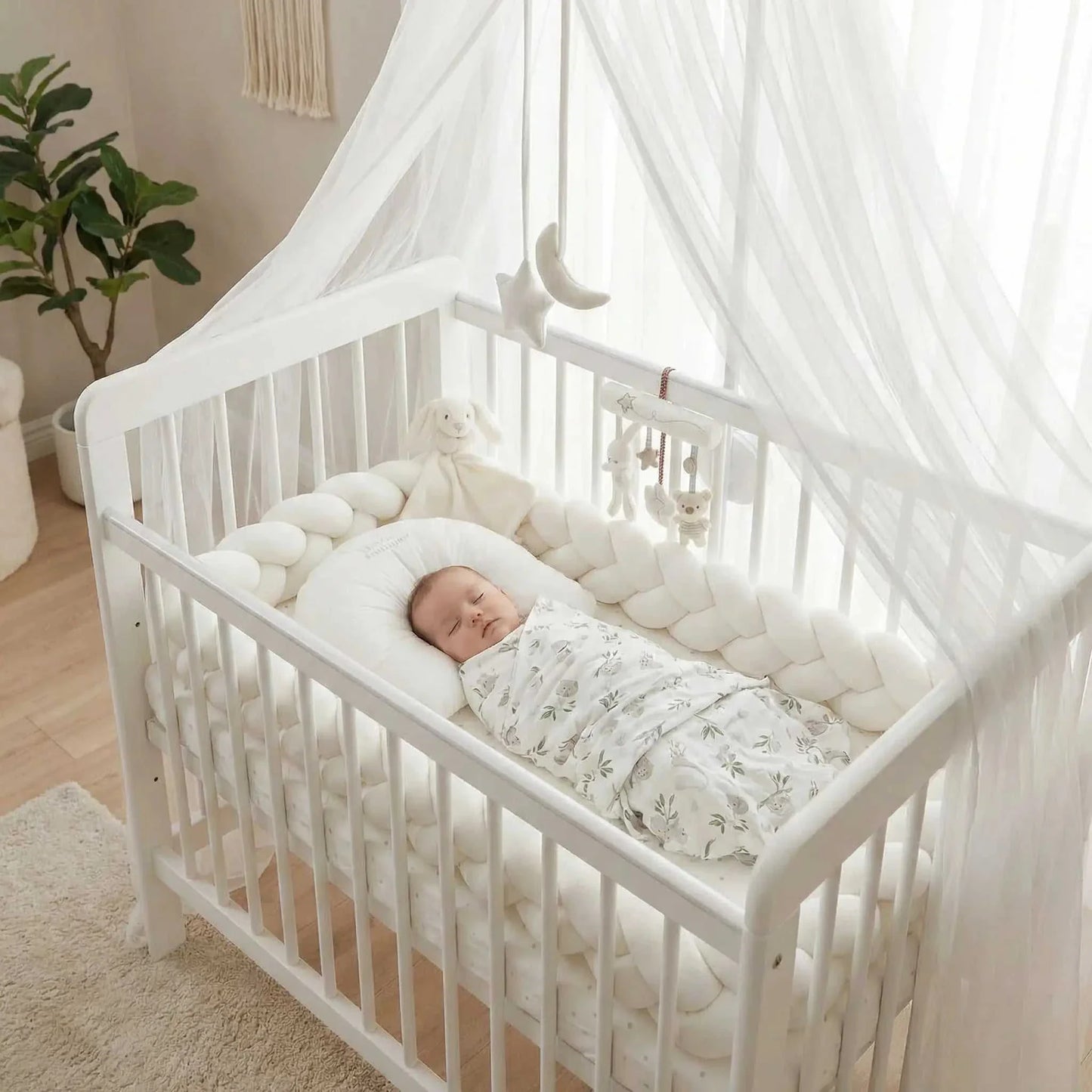 bébé dort confortablement entourer de sa tresse de lit blanche 