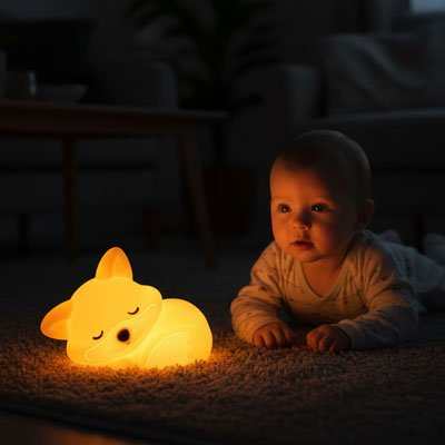 bébé éblouie devant sa veilleuse renard 