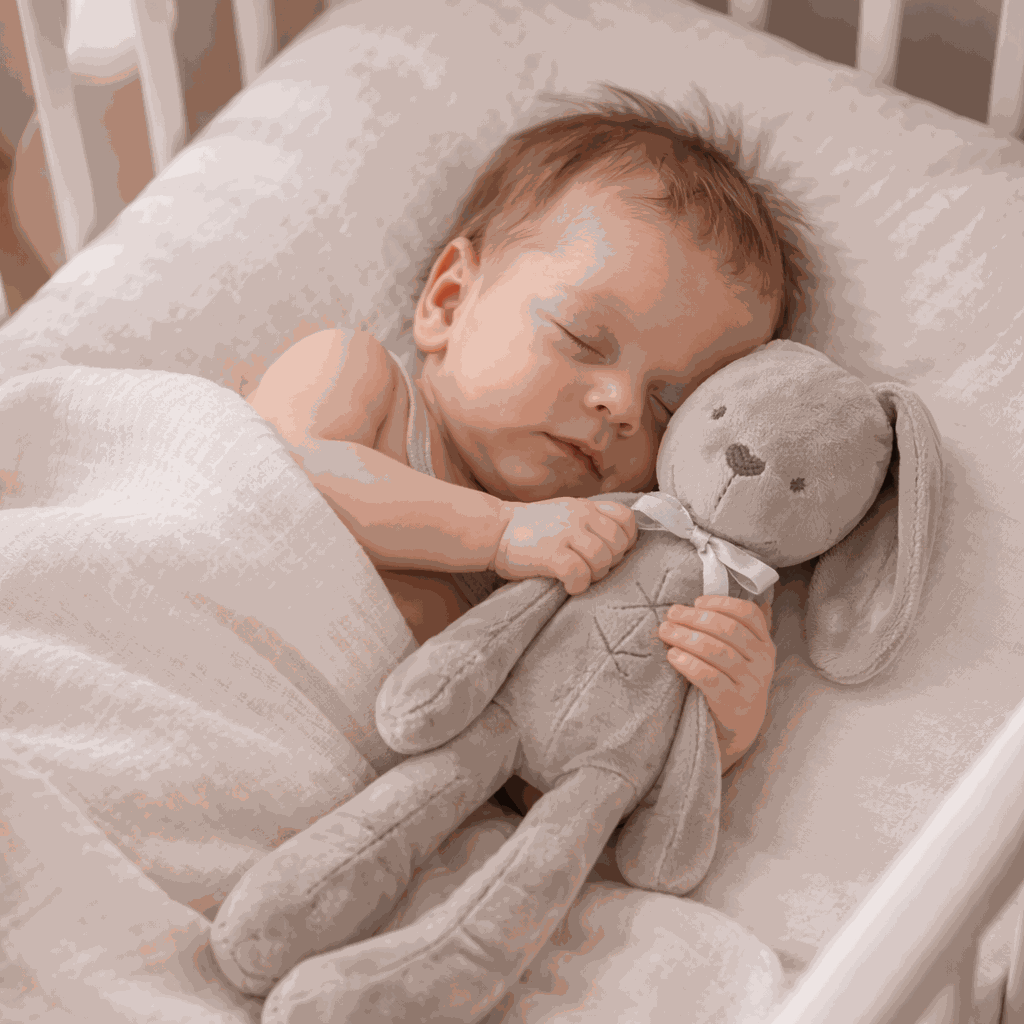 bébé endormi avec son lapin doudou gris